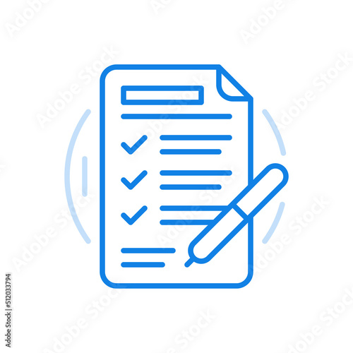 Filled test documentation vector line icon. Checklist questions and pen with answer boxes.