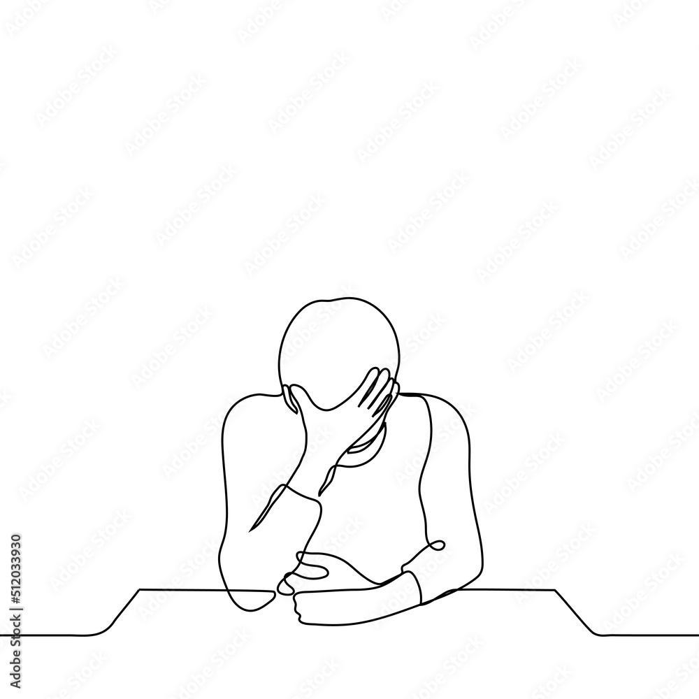 man sits resting his elbow on the table with his head down and leaning his forehead on his hand - one line drawing vector. concept fatigue, headache, overwork, migraine, facepalm, cringe, despair man sits resting his elbow on the table with his head down and leaning his forehead on his hand - one line drawing vector. concept fatigue, headache, overwork, migraine, facepalm, cringe, despair