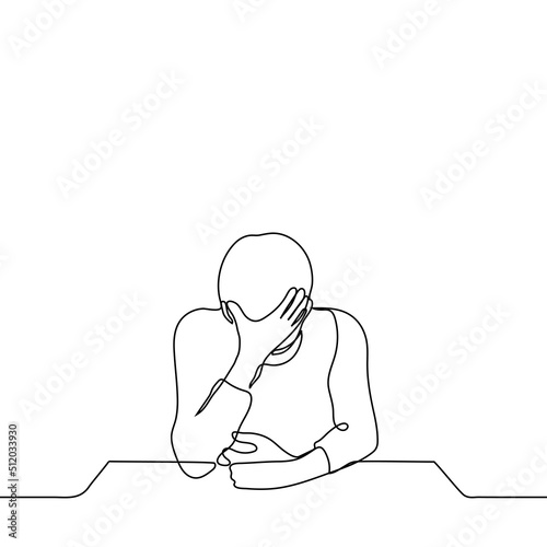 man sits resting his elbow on the table with his head down and leaning his forehead on his hand - one line drawing vector. concept fatigue, headache, overwork, migraine, facepalm, cringe, despair