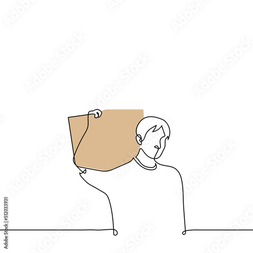 man stands with a big box on his shoulder - one line drawing vector. concept courier, moving process, loader in the process of work