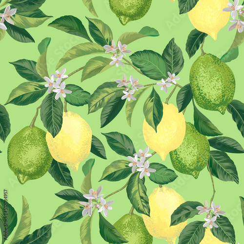 Lemon citrus vector pattern. Botanical vector illustration. Summer background. Floral design.