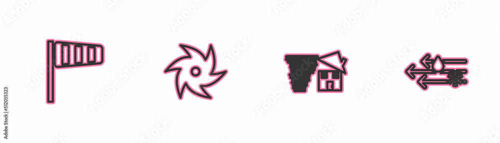 Set line Cone windsock wind vane, Tornado swirl, and Wind and rain with snow icon. Vector Set line Cone windsock wind vane, Tornado swirl, and Wind and rain with snow icon. Vector