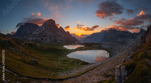 Italy, South Tyrol, View of Laghi dei Piani and Innichriedlknoten mountain at sunrise