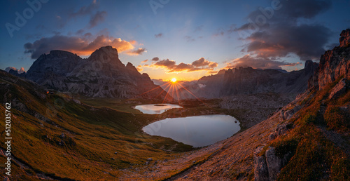 Italy, South Tyrol, View of Laghi dei Piani and Innichriedlknoten mountain at sunrise