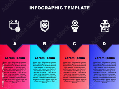 Set line Basketball on sport calendar, Shield in the basketball, and and Sports shop. Business infographic template. Vector