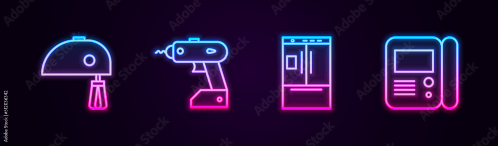 Set line Electric mixer, cordless screwdriver, Refrigerator and House intercom system. Glowing neon icon. Vector Set line Electric mixer, cordless screwdriver, Refrigerator and House intercom system. Glowing neon icon. Vector