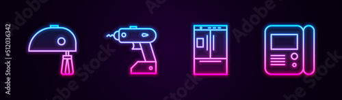 Set line Electric mixer, cordless screwdriver, Refrigerator and House intercom system. Glowing neon icon. Vector
