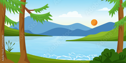 landscape with lake flowing through hills, scenic green forest and mountains. scene with river vector illustration