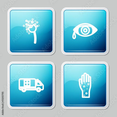 Set line Flower producing pollen, Reddish eye allergic conjunctivitis, Emergency car and Hand with psoriasis or eczema icon. Vector