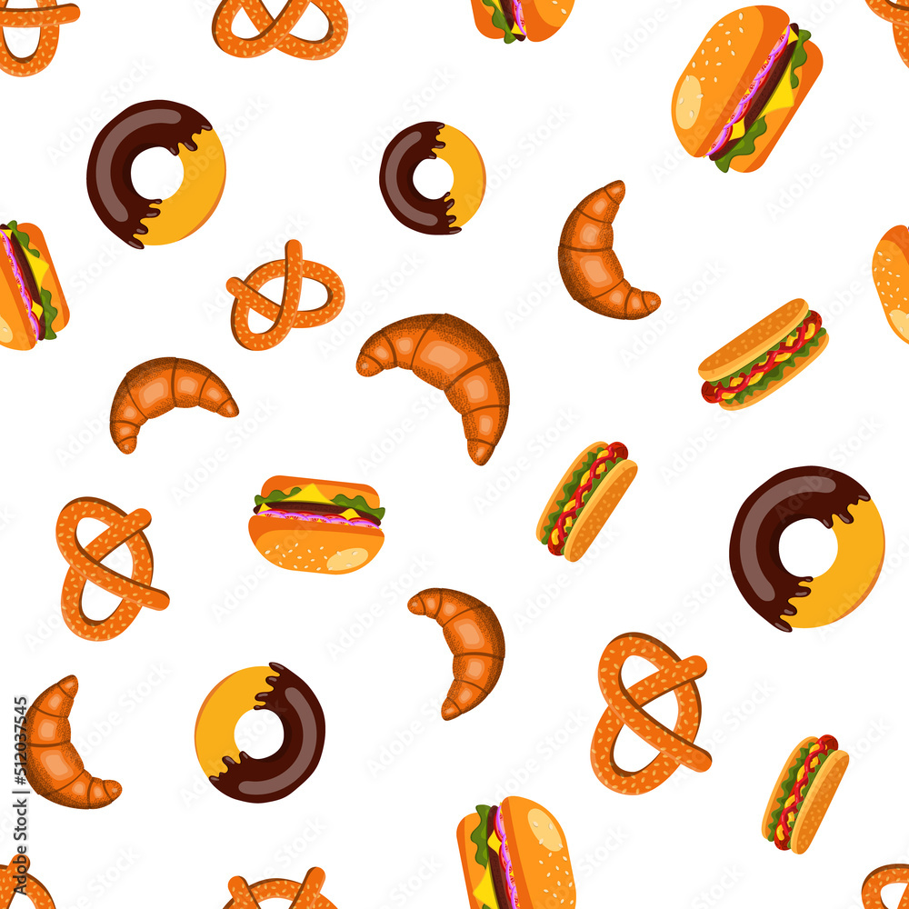 seamless pattern of fast food, burger, hot dog and donut. vector illustration