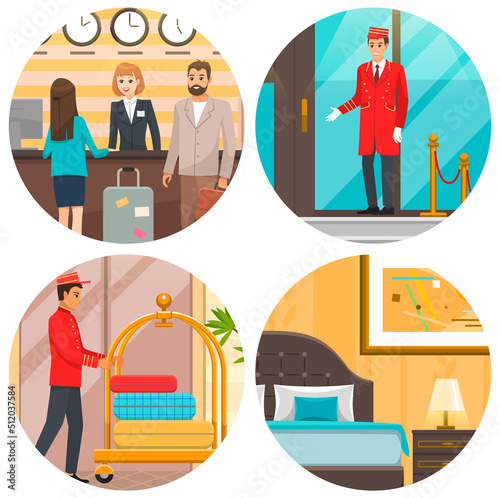 People traveling and staying at hotel with luggage. Happy holiday vacation, recreation concept. Tourist at reception counter, living room, doorman during work. Set of hotel daily routine scenes