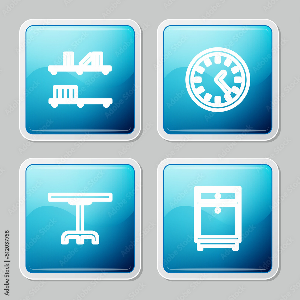 Set line Shelf with books, Clock, Round table and Furniture nightstand icon. Vector