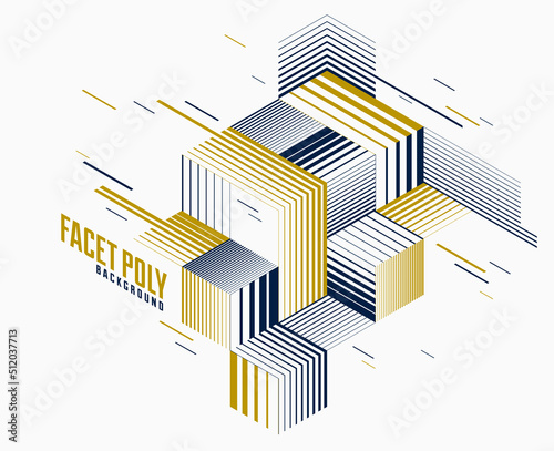 Linear striped abstract vector dimensional 3D background with isolated retro style graphic element with cubes and triangles. Template for poster or banner, cover or ad.