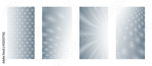 Moire pattern dots vector abstract backgrounds collection, set of vertical templates for design.