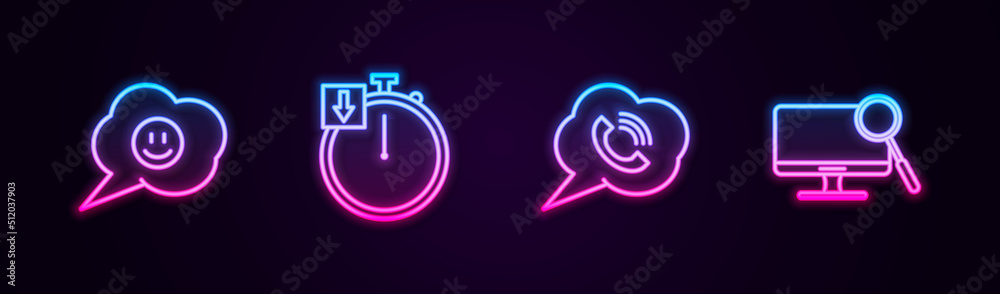 Set line Speech bubble with smile face, Stopwatch, phone call and Computer monitor diagnostics. Glowing neon icon. Vector