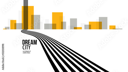 Future city on a horizon with highway road fast going to it vector abstract background, metropolis skyline with speed highway, road to town.