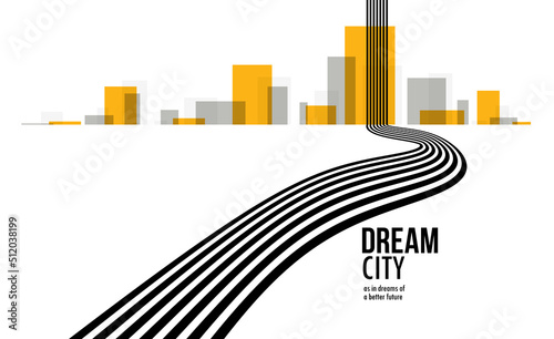 Future city on a horizon with highway road fast going to it vector abstract background, metropolis skyline with speed highway, road to town.