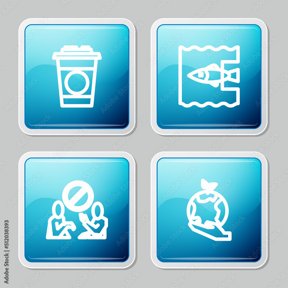 Set line Paper glass, Stop ocean plastic pollution, and Hand holding Earth globe icon. Vector Set line Paper glass, Stop ocean plastic pollution, and Hand holding Earth globe icon. Vector