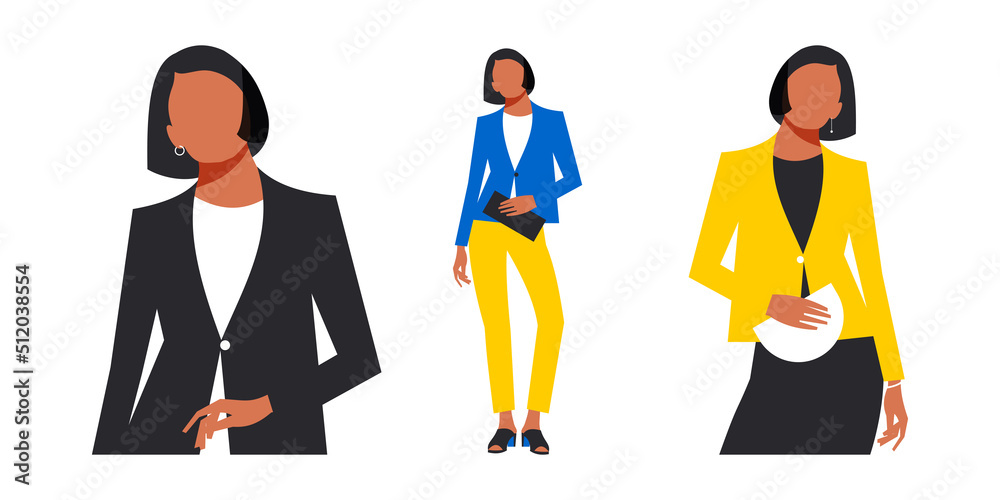 Modern young woman in a business suit with a small bag in her hands isolated on a white background. Stylish business woman with black bob haircut. Modern young woman in a business suit with a small bag in her hands isolated on a white background. Stylish business woman with black bob haircut.