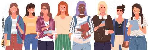 Diverse college  university students standing in line. Group of young people  multicultural women. Multinational female characters  students of educational institution  university  school pupils