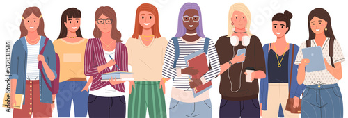 Diverse college, university students standing in line. Group of young people, multicultural women. Multinational female characters, students of educational institution, university, school pupils
