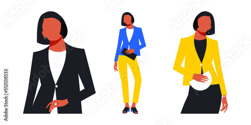 Modern young woman in a business suit with a small bag in her hands isolated on a white background. Stylish business woman with black bob haircut. Vector.