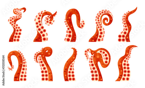 Octopus tentacles isolated set. Vector icons of underwater ocean fish or kraken monster. Vector twisted long limbs with suckers of cephalopods or sea cuttlefish. Geometric flat cardboard design.
