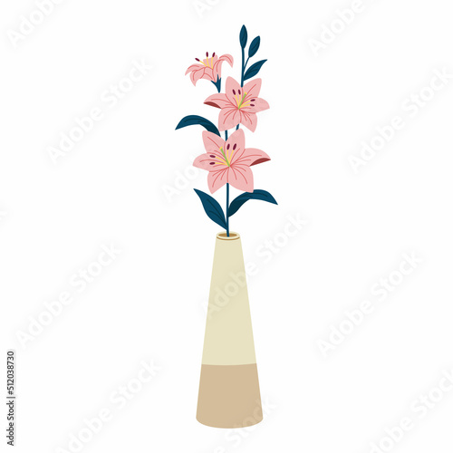 Bouquet of pink lily in vase. Beautiful flowers for decor. Hand drawn vector illustration isolated on white background. Modern flat cartoon style.