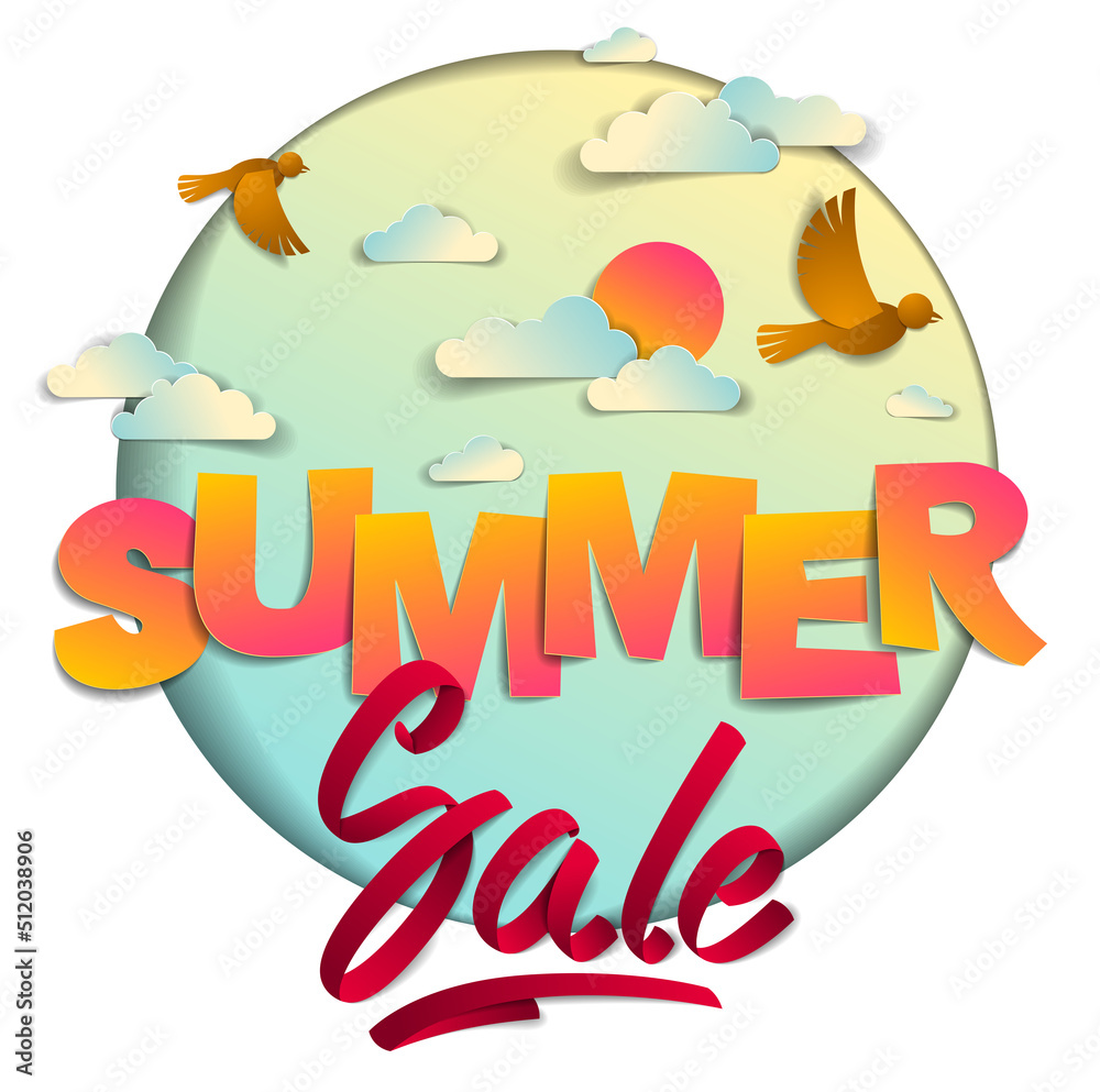 Summer sale banner advertising design layout with birds sun and clouds in the sky, papercut and ribbon words vector modern style cartoon paper cut 3d illustration. Summer sale banner advertising design layout with birds sun and clouds in the sky, papercut and ribbon words vector modern style cartoon paper cut 3d illustration.