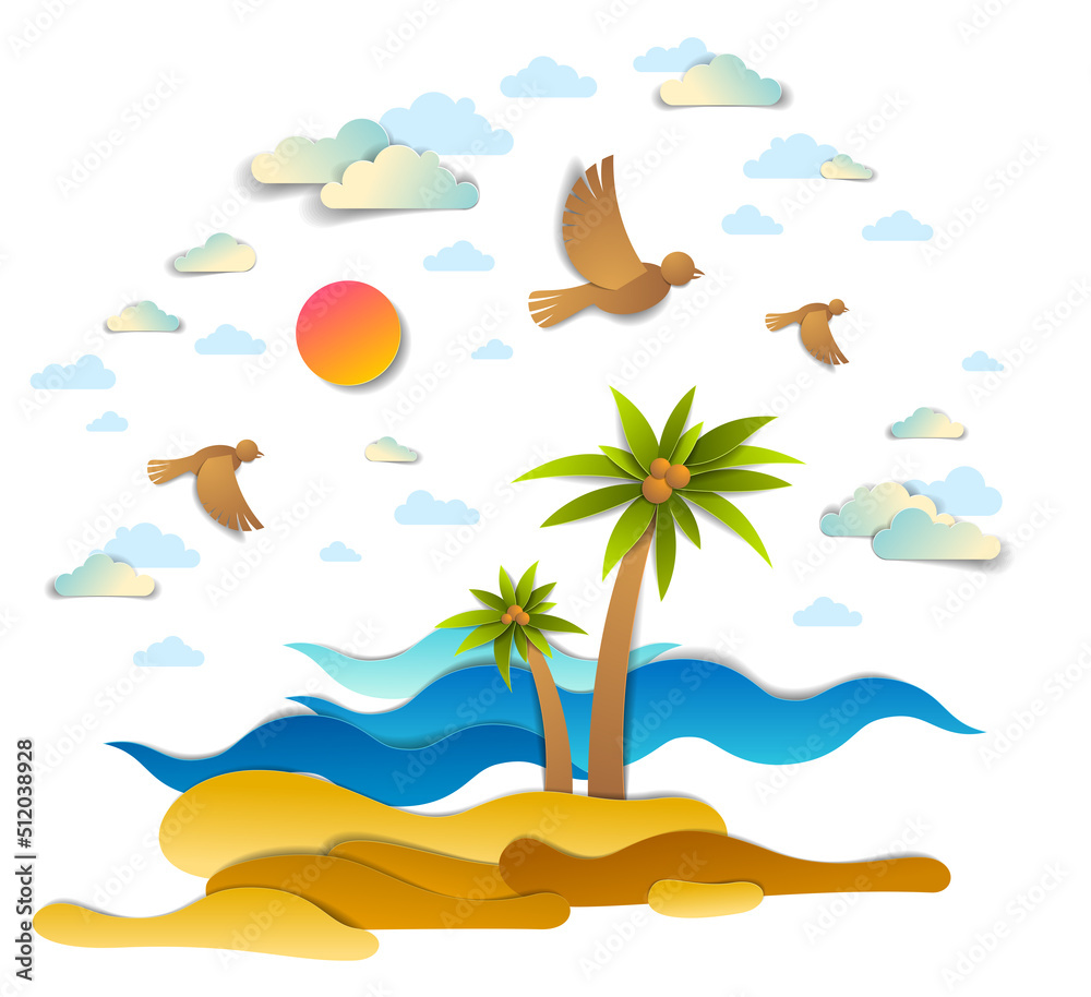 Beautiful seascape with sea waves, beach and palms, birds clouds and sun in the sky, vector illustration in paper cut style, seashore summer beach holidays theme.