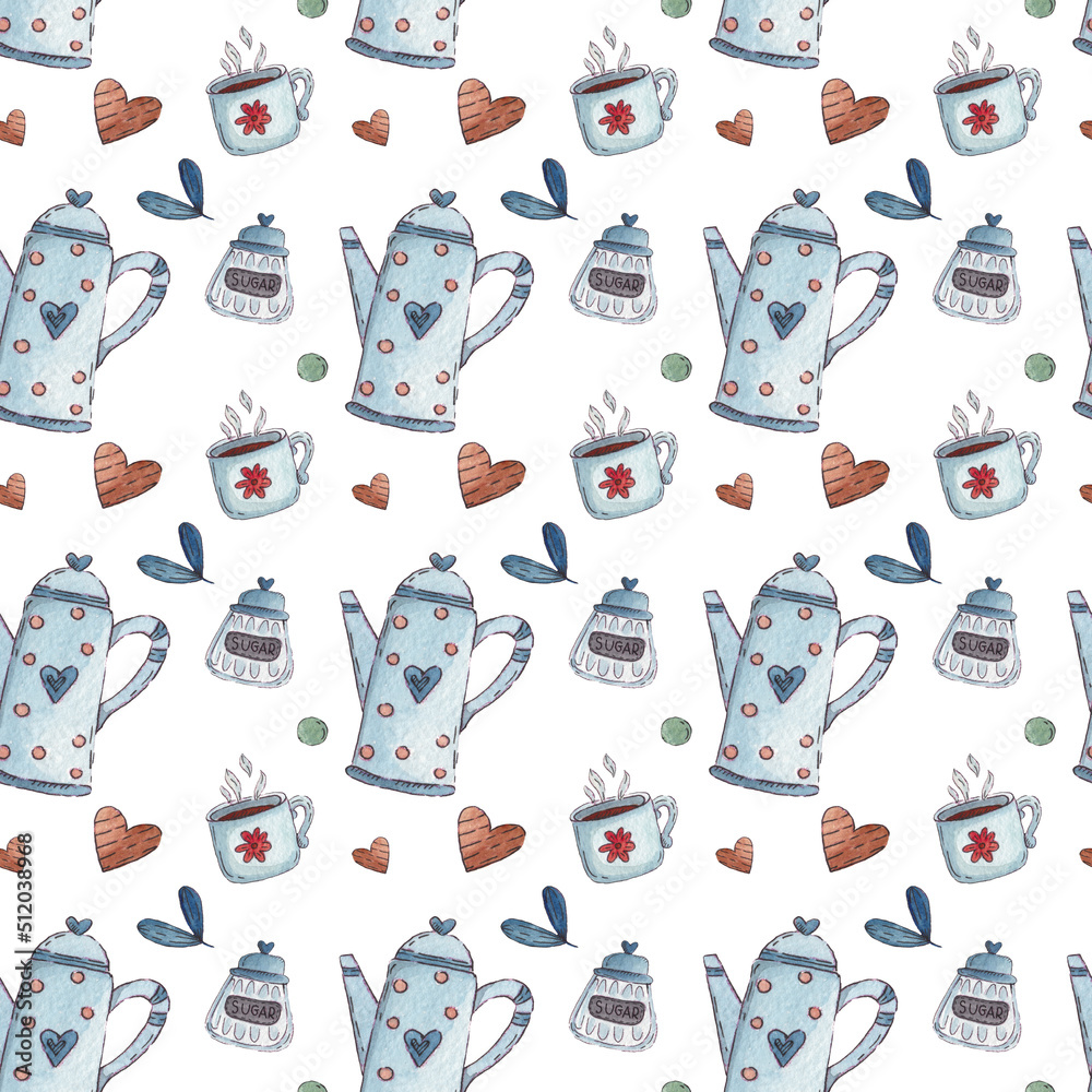 Seamless Pattern Blue Teapots with Hearts and Mugs on white background Seamless Pattern Blue Teapots with Hearts and Mugs on white background