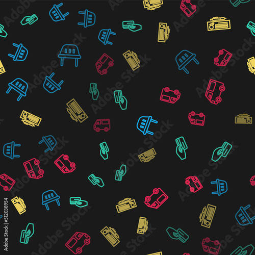 Set line Shopping basket, Hand holding with credit card, Bank check pen and Delivery cargo truck vehicle on seamless pattern. Vector