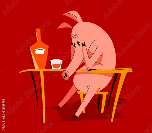 Funny cartoon pig upset and depressed sitting and drinking alcohol vector illustration, animal character swine drawing.