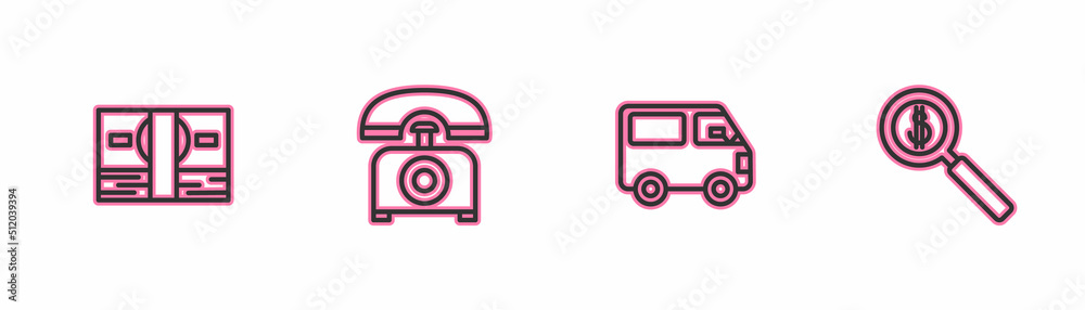 Set line Stacks paper money cash, Delivery cargo truck vehicle, Telephone and Magnifying glass and dollar icon. Vector Set line Stacks paper money cash, Delivery cargo truck vehicle, Telephone and Magnifying glass and dollar icon. Vector