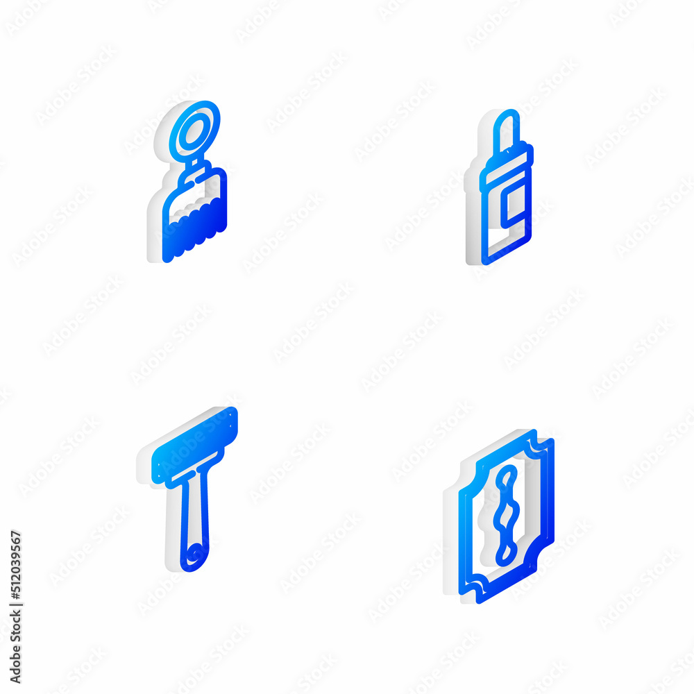 Set Isometric line Beard and mustaches care oil bottle, Hairbrush, Shaving razor and Blade icon. Vector Set Isometric line Beard and mustaches care oil bottle, Hairbrush, Shaving razor and Blade icon. Vector