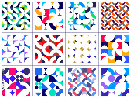 Geometric abstract seamless patterns set with colorful simple elements of geometry, wallpaper background in retro 70s style, Bauhaus constructive style tiles collection.