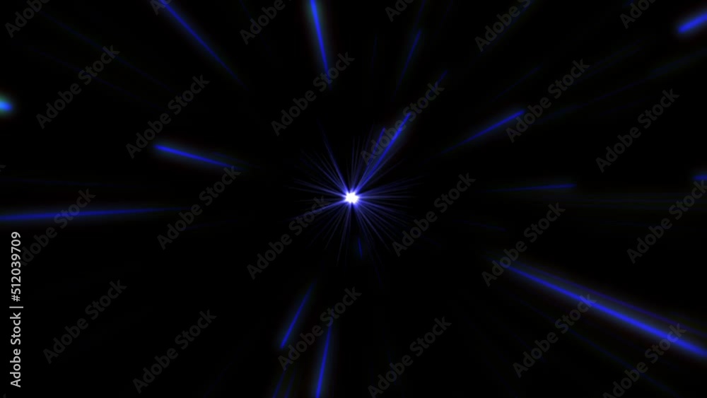 A light tunnel of blue rays that moves forward non-stop. Neon blue tunnel some rays become Moving towards the blue dot from which a light tunnel of blue rays scatters in different directions, then som
