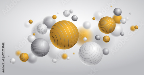 Abstract spheres vector background, composition of flying balls decorated with lines, 3D mixed realistic globes, realistic depth of field effect.