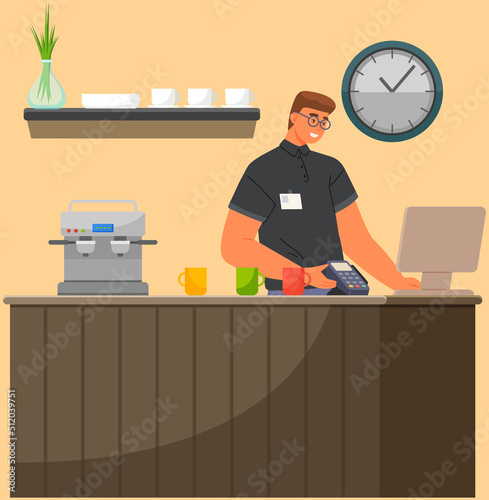 Cashless payment by mobile phone in cafe. Contactless, wireless payment, digital banking concept. Paying for coffee with smartphone, using contactless wireless POS-terminal and NFC technology