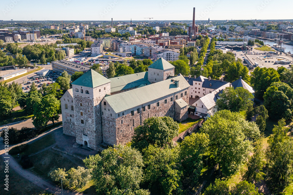 Aerial view of Turku Castle in sunny summer day in Turku, Finland