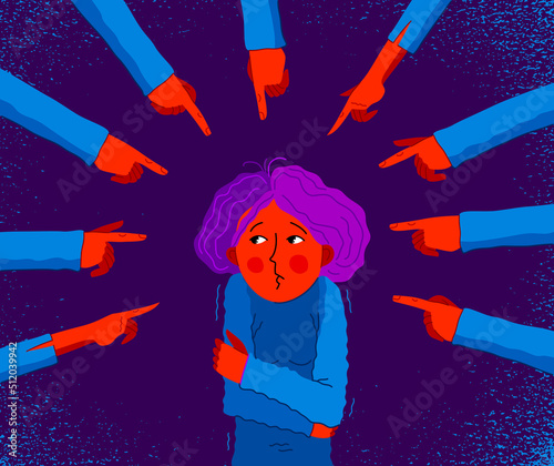 Shaming and blaming vector concept, hand pointing finger on young girl woman feeling uncomfortable and scared, discrimination problem of cruel and intolerant behavior in social groups.
