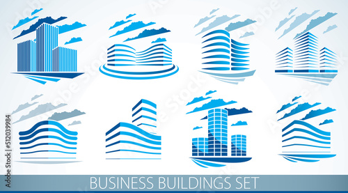 City building business financial office vector designs set. Futuristic architecture illustrations collection. Real estate realty office center designs. 3D futuristic facades in big city.