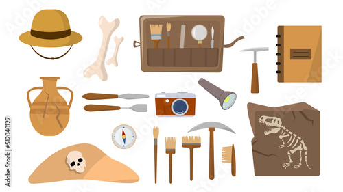 Set of colorful archaeological tools in cartoon style. Vector illustration of brushes, flashlights, cameras, compasses, a hat, a notepad, bones of people and dinosaurs, an vase on white background.