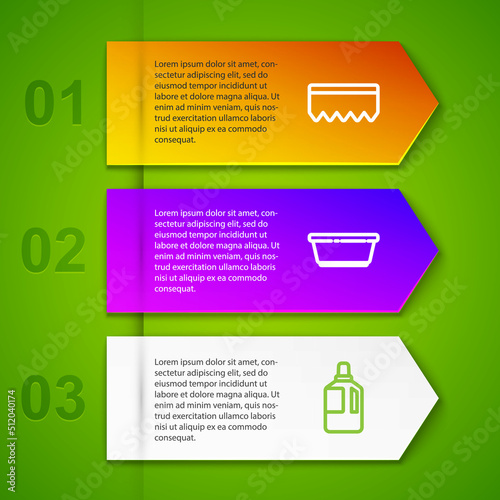 Set line Sponge with bubbles, Plastic basin, Fabric softener and soap suds. Business infographic template. Vector