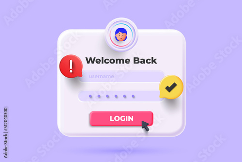 Login page 3D Illustration, Notifications page with floating elements. User name, password fields 3d rendering. Vector Illustration.