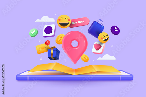 Online shopping 3D Illustration, online shop, online payment and delivery concept with floating elements. sale banner, gift box, discount, social advertising. 3D Vector Illustration.