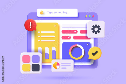 Seo Optimization, financial report chart, data analysis, and web development concept. Web page with data chart. 3D vector illustration