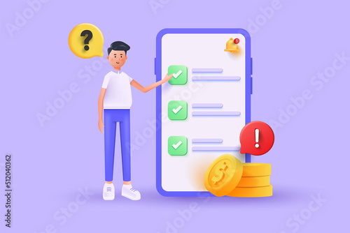 3D illustration of smiling man pointing on big phone with marked checklist on purple background, customer survey form. Successful completion of business tasks. Vector 3d Illustration