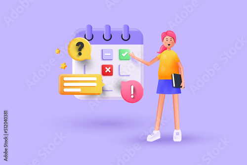 Young woman showing plan schedule, planning day scheduling appointment in calendar application. Business planning ,events, reminder and timetable.3d vector illustration.