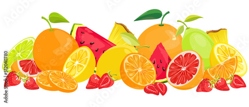 Set with fruit. Summer illustration of ripe, juicy fruits highlighted on a white background. Fruit banner. Oranges, lemons, strawberries, grapefruits.